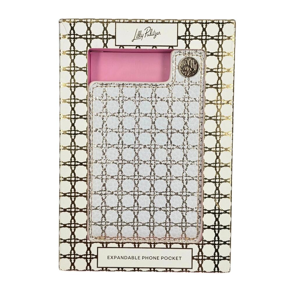 LILLY PULITZER EXPANDABLE PHONE POCKET – BROWN/WHITE GEO – SNAP CLOSURE